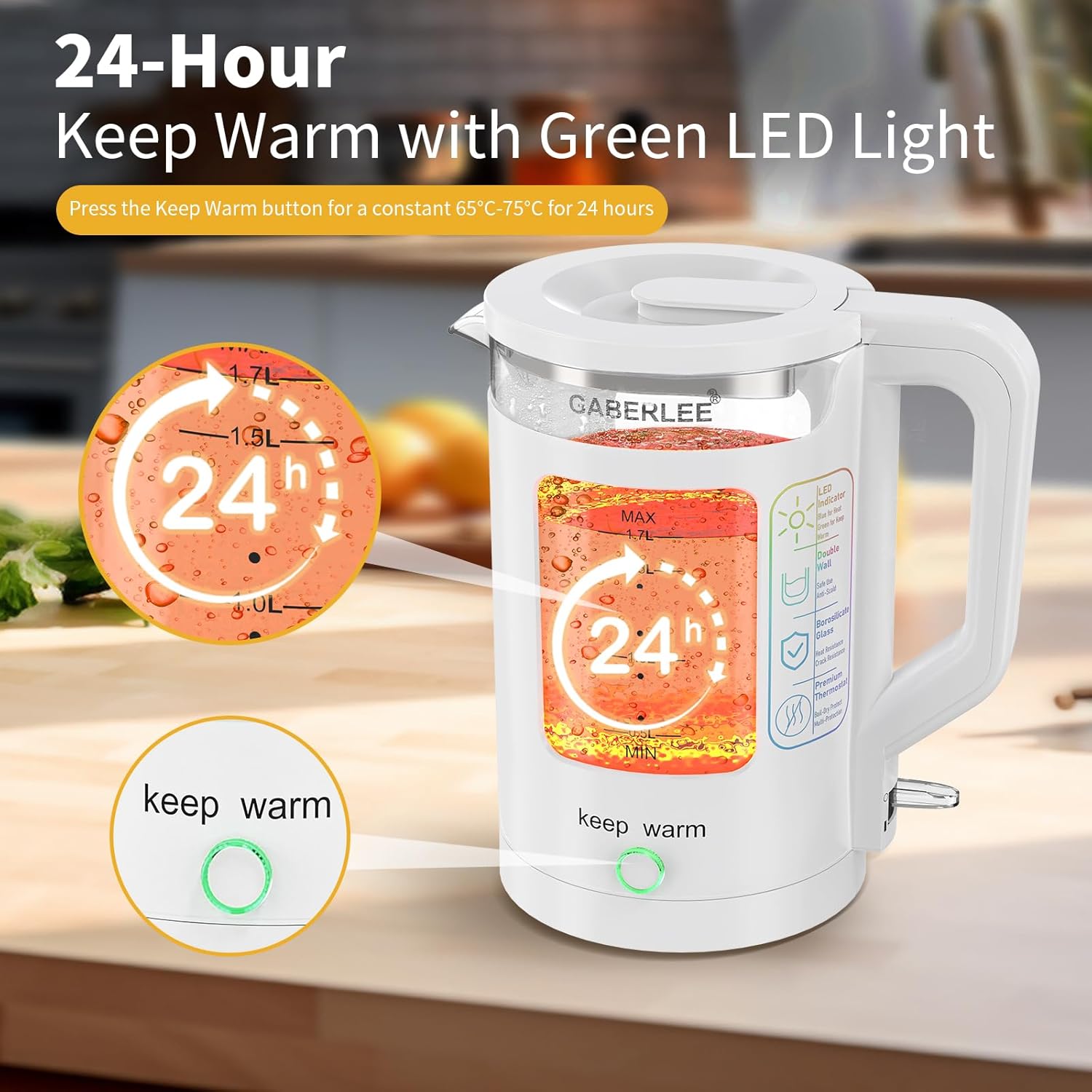 Gaberlee Electric Kettle 1.7L Glass 3000W Fast Boil Quiet Kettle with LED & Keep Warm