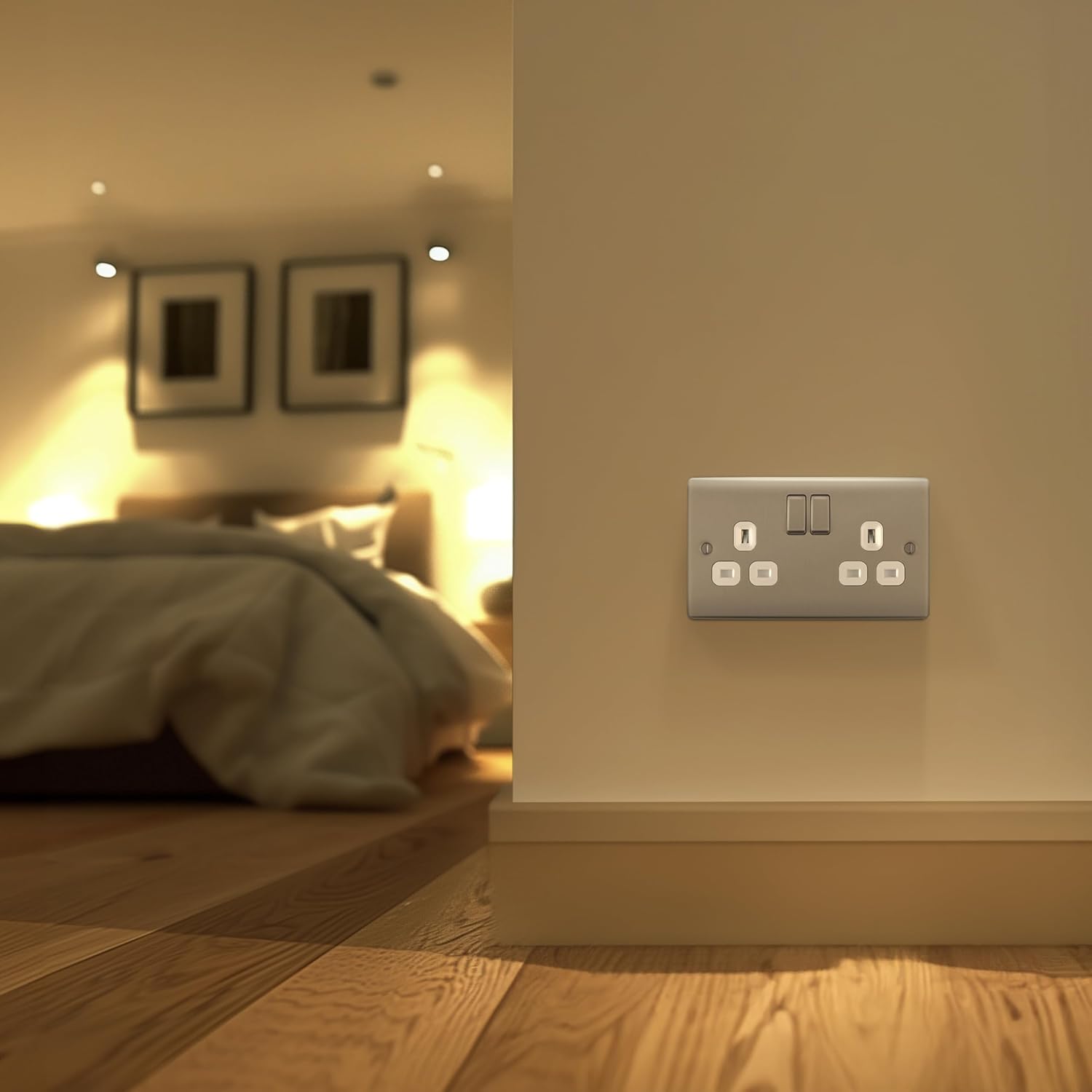 Double Switched 13A Brushed Steel Power Socket