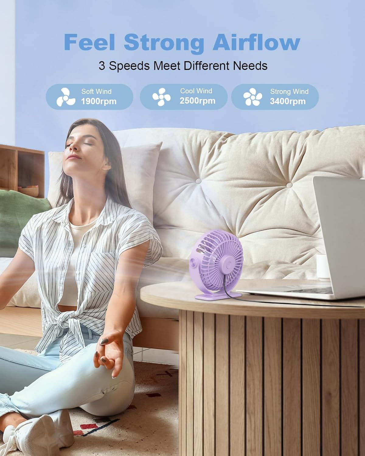 TriPole Desk Fan for Home, Portable USB Handheld Fan 3 Speeds Powerful Table Fan Silent, 360°Adjustable Mini Cooling Fans, Electric small Desktop Quiet Fans for Bedroom, Office, Library, Travel,Purple