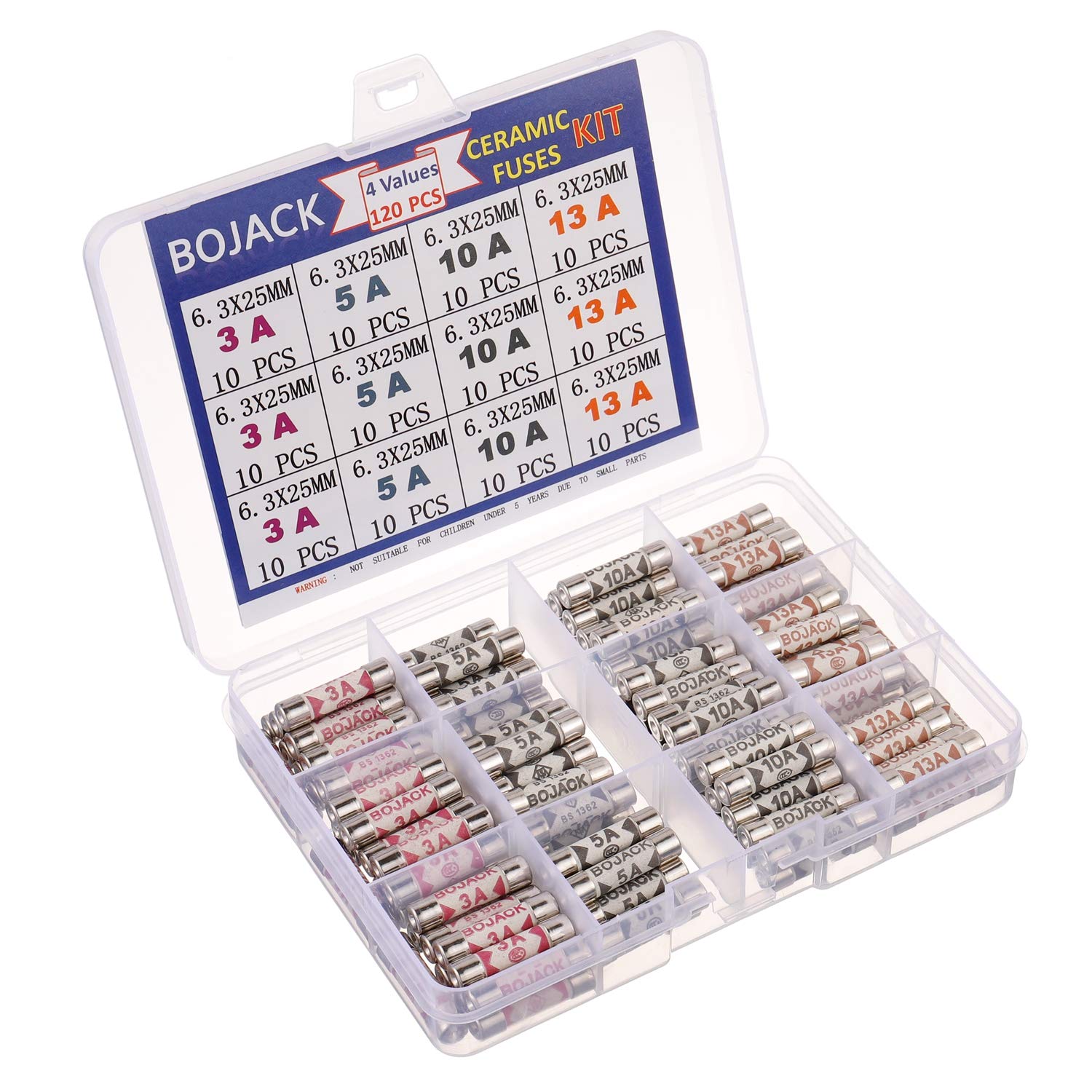 BOJACK 4 Values 120 pcs 3 5 10 13 A amp 240 V Volt Household Mains Plug Fuse 6.3x25 mm 0.25x1Inch BS1362 Ceramic Tube Cartridge Fuses Assortment Kit packag in a Clear Plastic Box