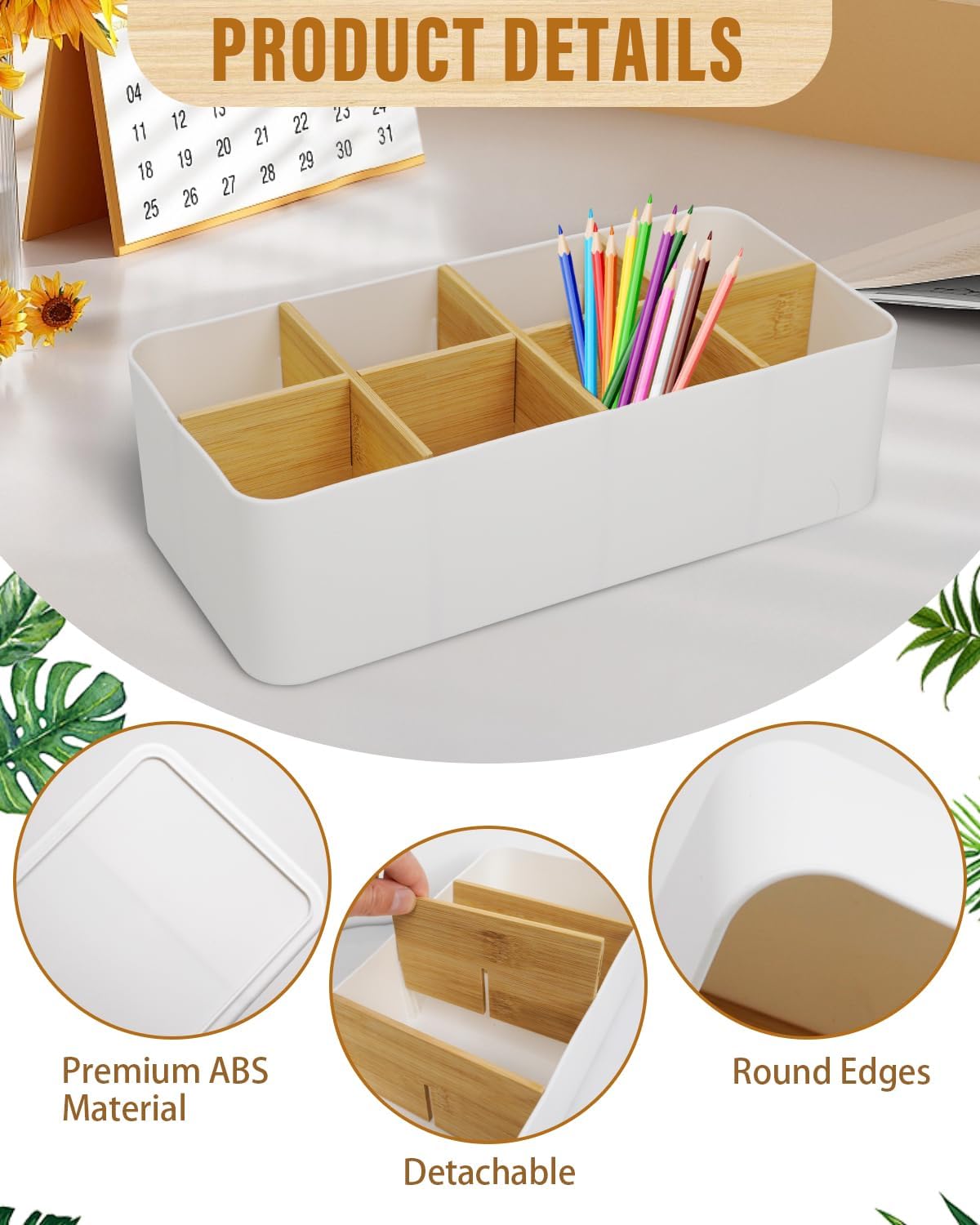 8-Compartment Desk Organiser – White Multifunctional Pen & Office Accessory Holder