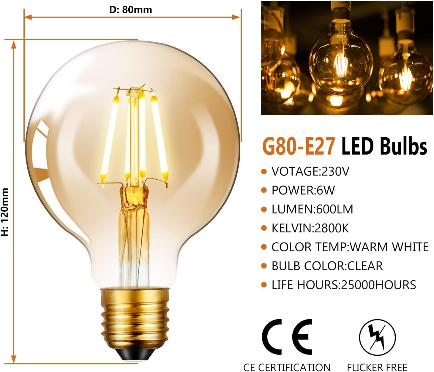 Vintage Edison LED Light Bulb E27 6W G80 Globe 2800K