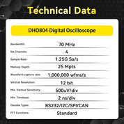 RIGOL DHO802 Portable Digital Oscilloscope, 70MHz Bandwidth, 2 Analogue Channels, 12bit Vertical Resolution, Low Noise Floor, Mobile Power Supply Supportable