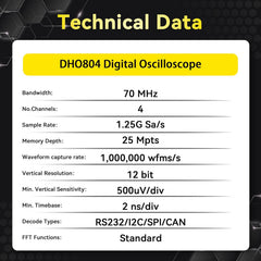 RIGOL DHO804 Portable Digital Oscilloscope, 70MHz Bandwidth, 4 Analogue Channels, 12bit Vertical Resolution, Low Noise Floor, Mobile Power Supply Supportable