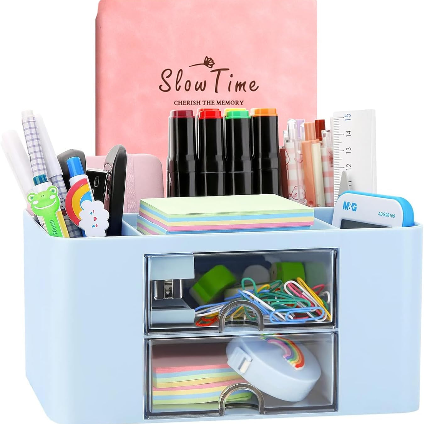 7-Grid Creative Desk Organiser with Drawer – Pink Plastic Pen & Table Storage Box