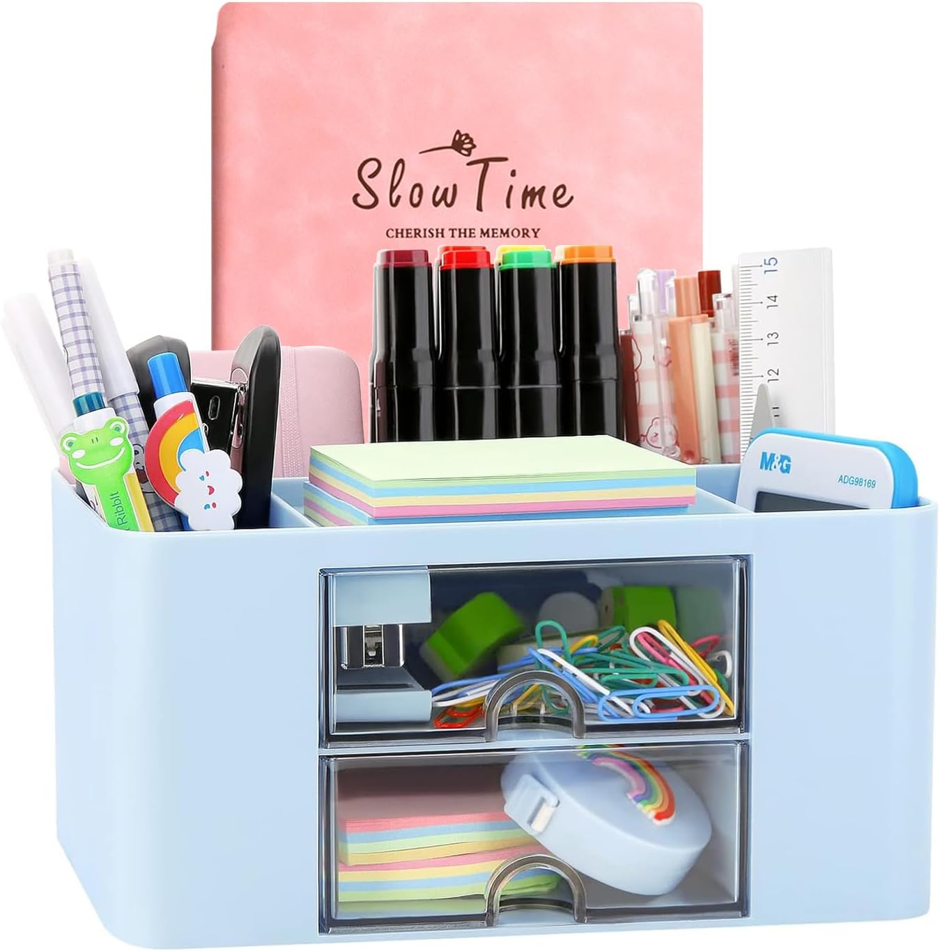 7-Grid Creative Desk Organiser with Drawer – Pink Plastic Pen & Table Storage Box