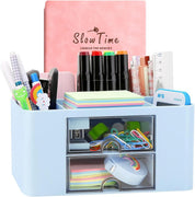 7-Grid Creative Desk Organiser with Drawer – Pink Plastic Pen & Table Storage Box