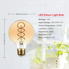 G80 E27 Vintage LED Globe Bulbs 6W 2200K Amber 6 Pack