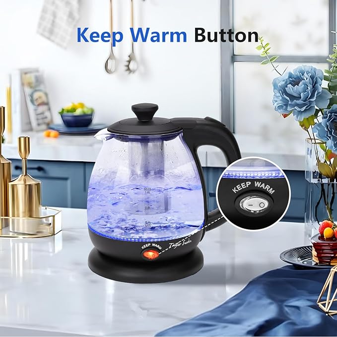 Small Electric Glass Kettle with Tea Infuser, 2200W 1L Keep Warm Cordless Water Boiler – Black – Abel 30A59