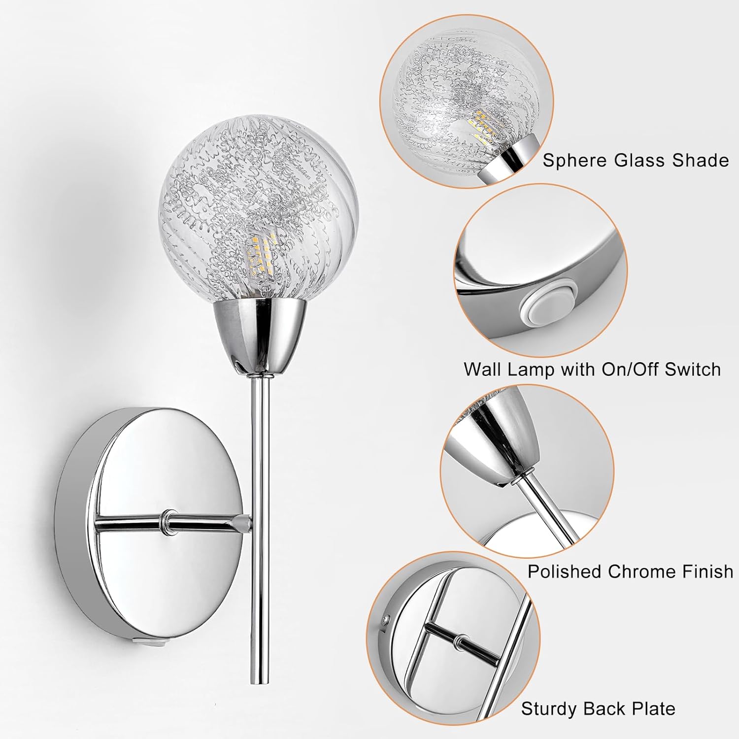 Modern Chrome Wall Lights Set with On/Off Switch