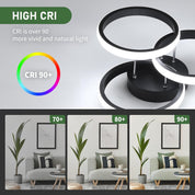 Modern ceiling light fixture with CRI 90+ rating and color temperature comparison in a living room setting.