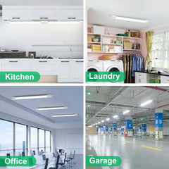Four different indoor settings labeled Kitchen, Laundry, Office, and Garage with lighting fixtures.