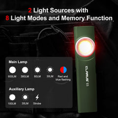 Klarus E5 flashlight with light modes and memory function display on a dark background