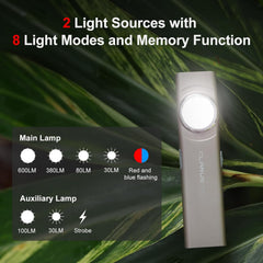 Flashlight with light modes and memory function on a leafy background