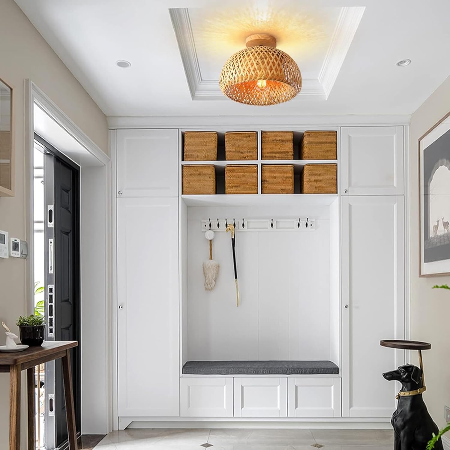 Bamboo Rattan Ceiling Light – Handmade Boho Semi-Flush Farmhouse Fixture for Rooms