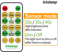 Intelamp remote control with sensor mode settings on a white background