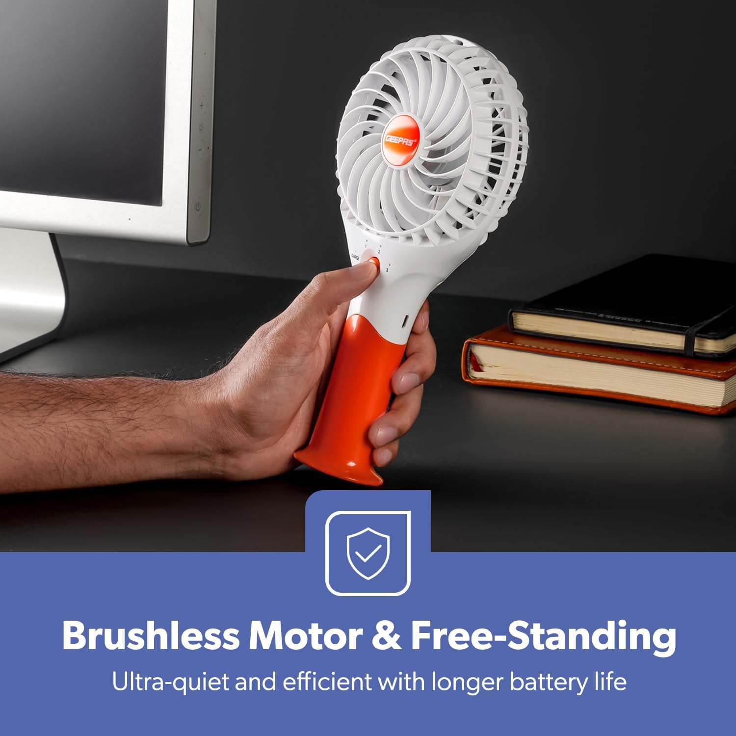 GEEPAS Rechargeable Fan | Mini Portable USB Handheld Fan for Home Office Travel Outdoor Personal Use | 3 Speed Settings 8Hr Run Time | Ultra Quiet Lightweight Air Circulator | 2 Year Warranty Orange