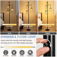 Dimmable floor lamp with light intensity control in a bedroom setting