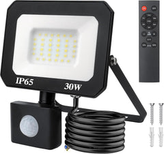 30W LED Floodlight with Motion Sensor - 3000lm Dimmable Security Light with Remote Control, IP65 Waterproof, 6500K Cold White for Garden, Patio, and Garage