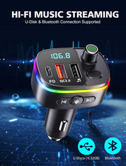 Bluetooth 5.3 FM Transmitter Car Adapter – QC3.0 & PD 18W Charger with RGB Lights