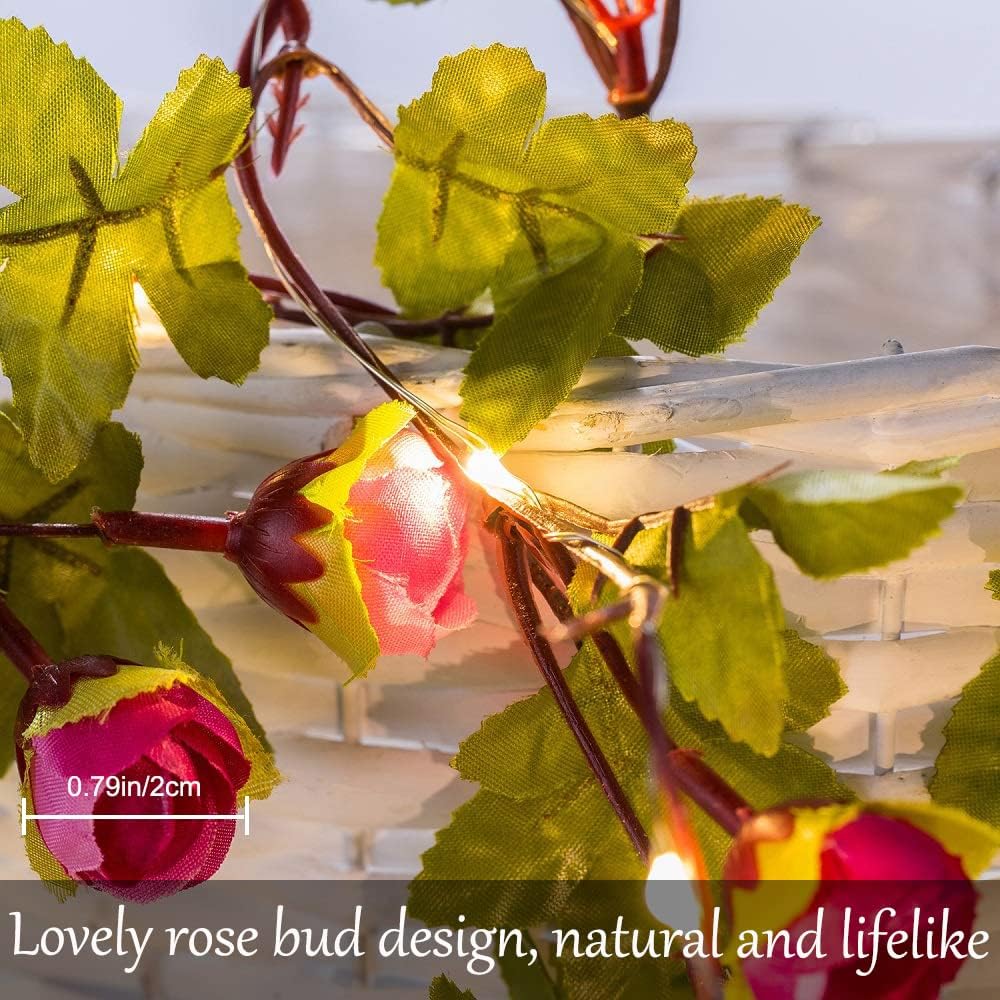 Rose Flower String Lights, 2M 20 LED Battery Powered Artificial Rose Garland for Indoor Bedroom, Wedding and Party Decoration