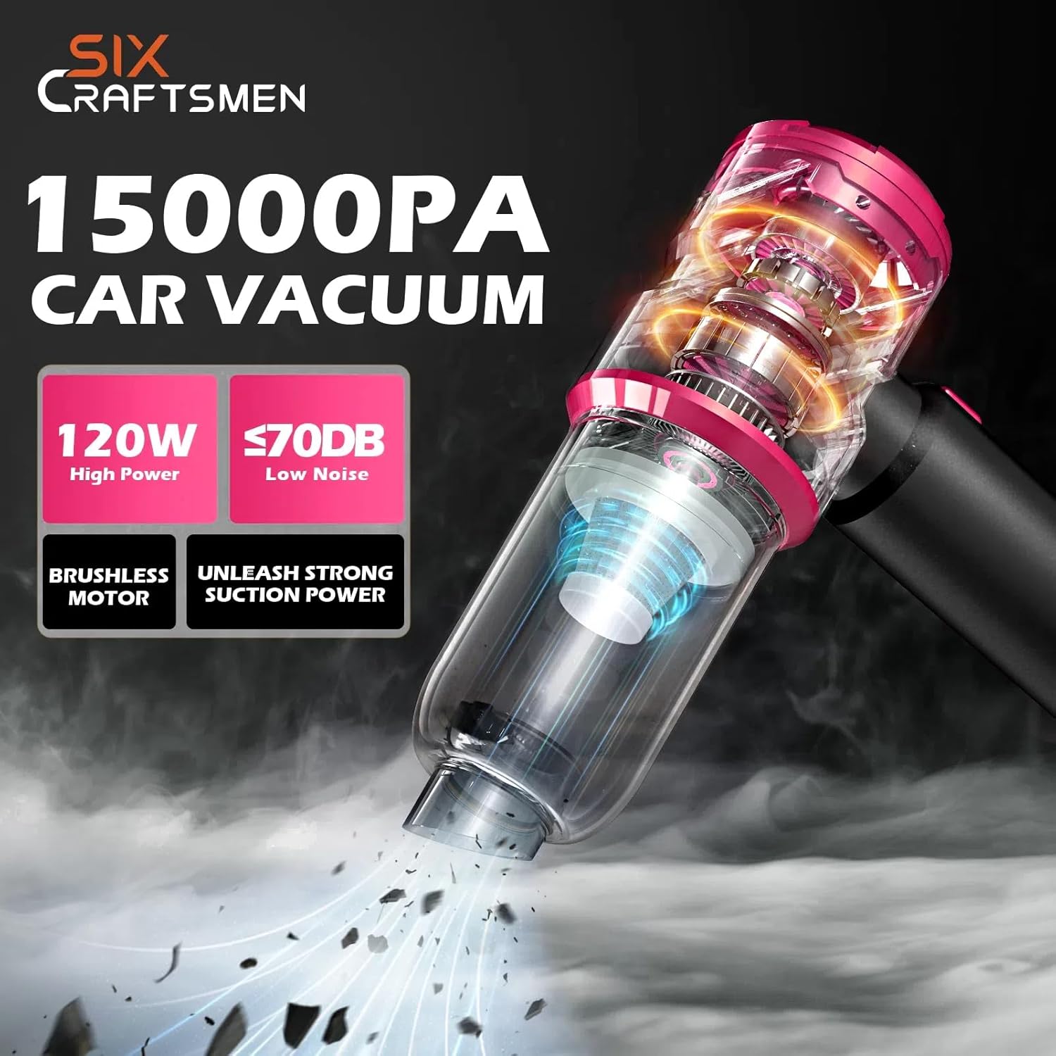 Handheld Car Vacuum Cleaner 15000Pa 4-in-1 Cordless (Pink)