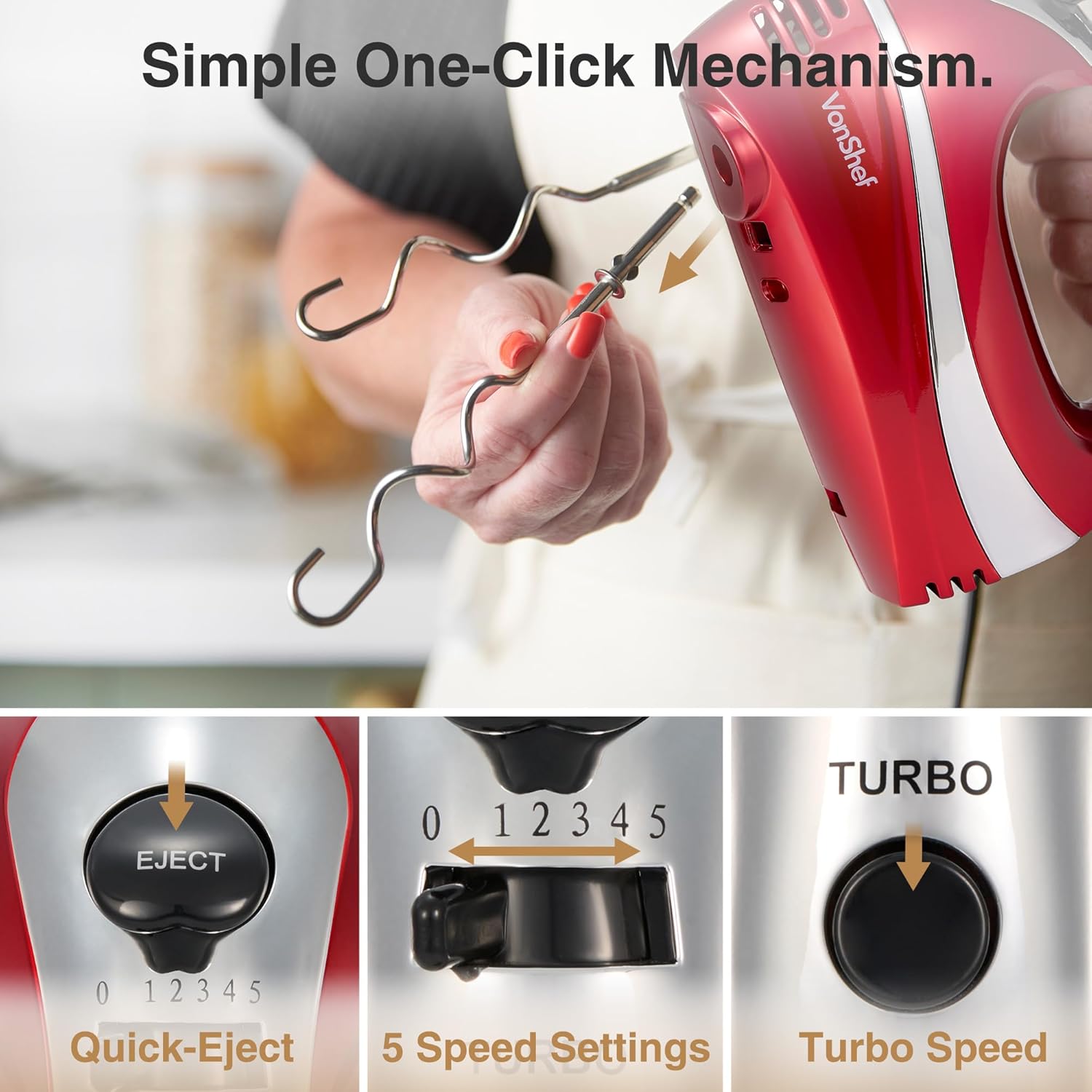 VonShef Hand Mixer Electric Whisk – 300W Food Mixer for Baking, 5 Speeds, Turbo Boost, Eject Button, 2 Beaters, 2 Hooks & Whisk – Red