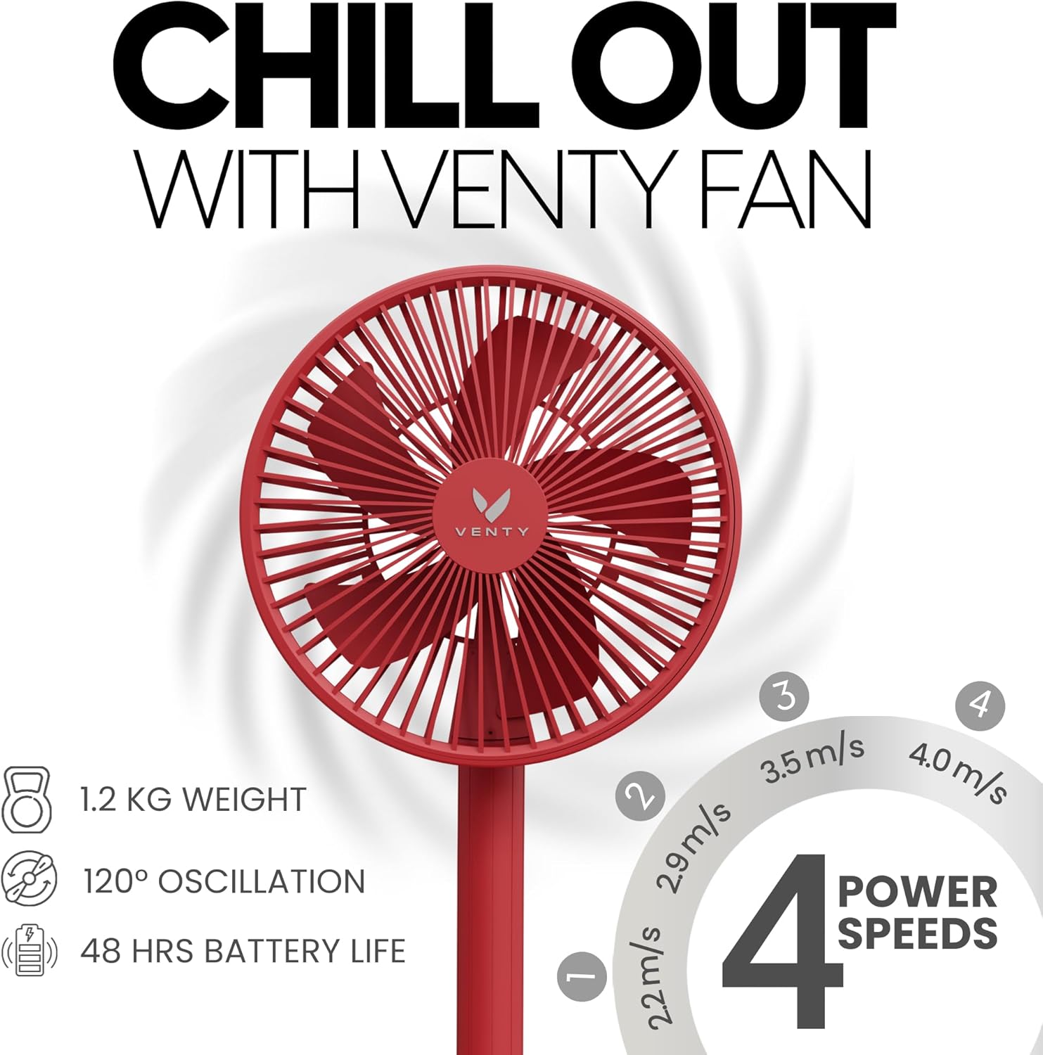 VENTY Portable Fan - Wireless, Battery Operated, 48HR Run Time, Oscillating, Remote Control & LED Lighting, Folding Telescopic Camping Fan (Red with Case)