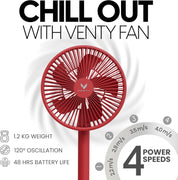 VENTY Portable Fan - Wireless, Battery Operated, 48HR Run Time, Oscillating, Remote Control & LED Lighting, Folding Telescopic Camping Fan (Red with Case)