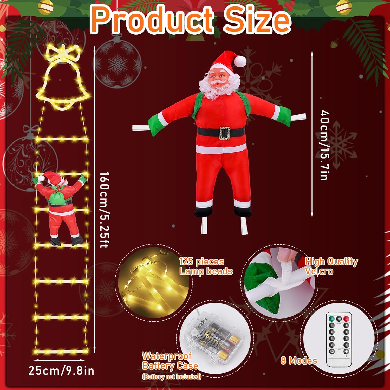 Santa Claus LED Ladder Lights Warm White, 8 Modes Christmas Decoration