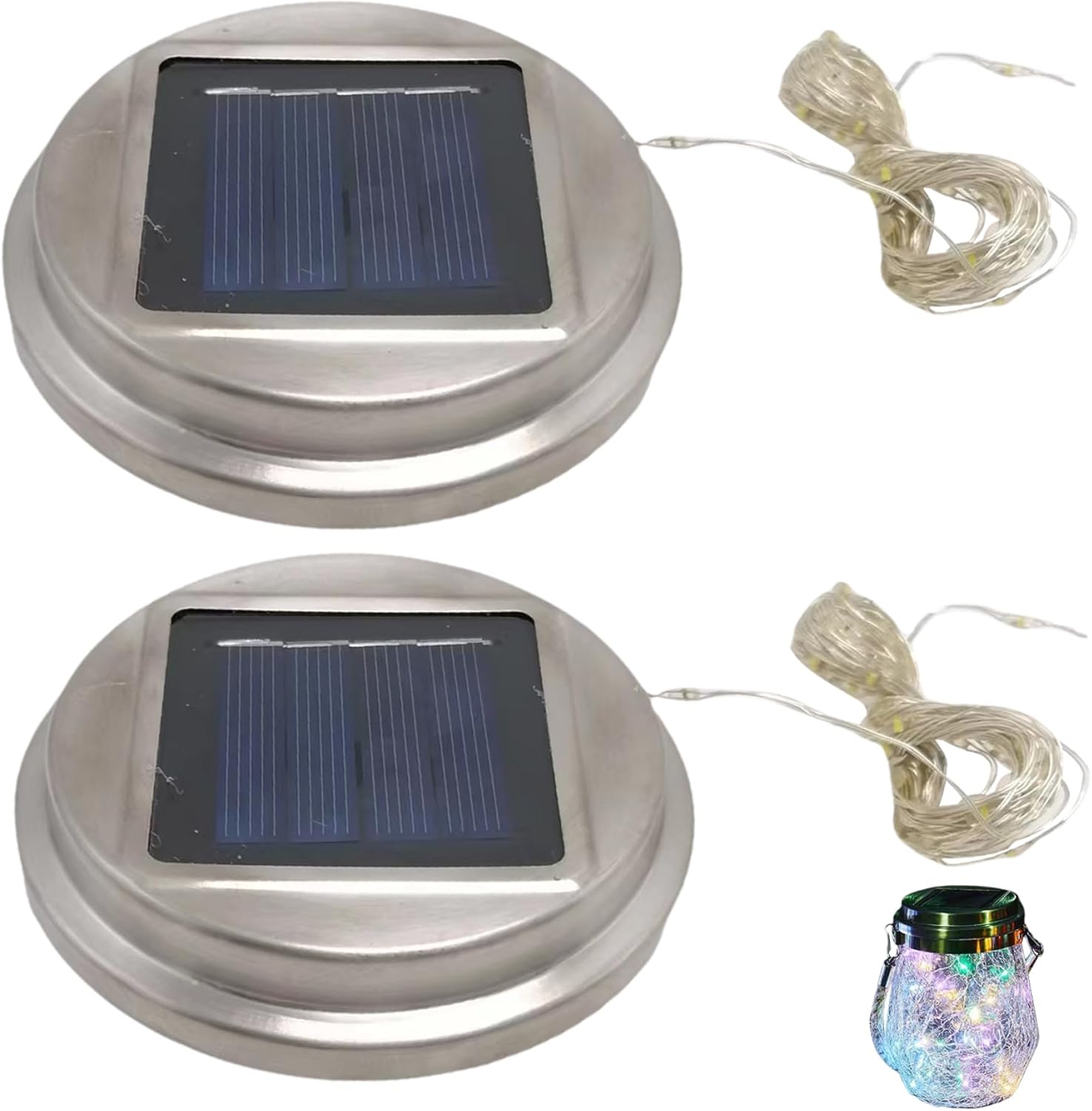 2-Pack Solar Light Replacement Tops - 8cm Round with 30 LEDs, Waterproof Mason Jar Lids, Colorful Light