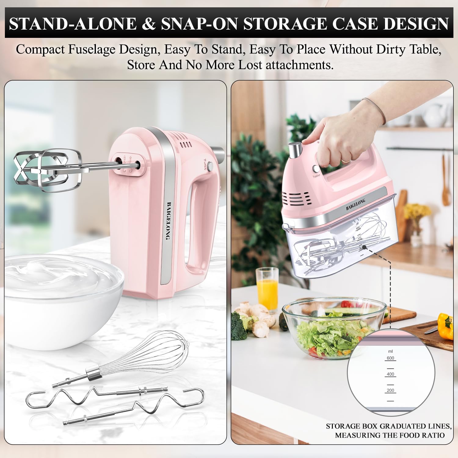 300W Hand Electric Mixer – 5 Speeds + Turbo, 5 Stainless Steel Attachments, Pink, Ultra Power Kitchen Baking Blender