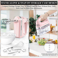 300W Hand Electric Mixer – 5 Speeds + Turbo, 5 Stainless Steel Attachments, Pink, Ultra Power Kitchen Baking Blender