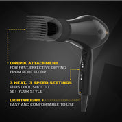 Hair Dryer for Women – Afro Hairdryer with Pik, 3 Heat Settings, Black
