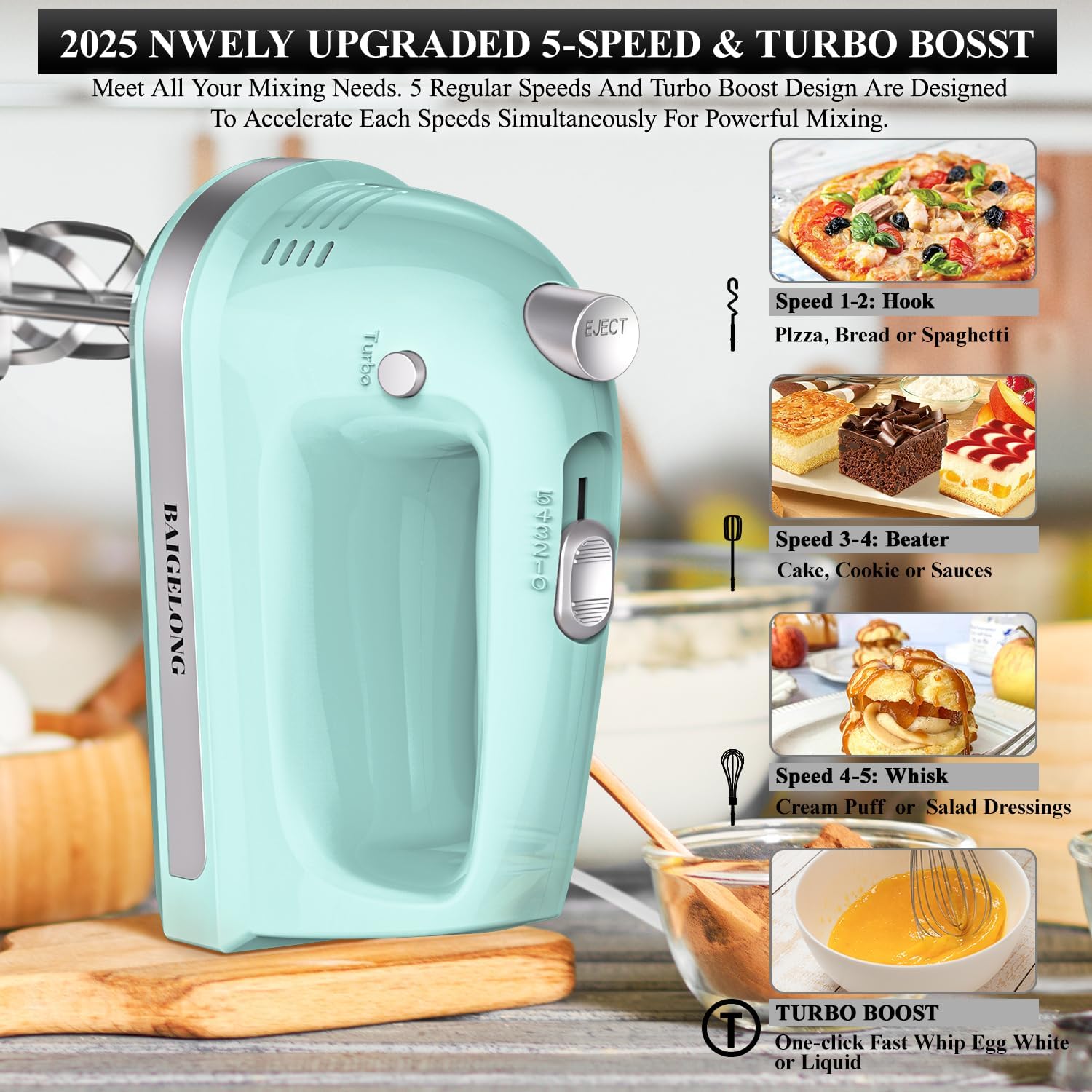 300W Hand Mixer with 5 Speeds + Turbo, 5 Stainless Steel Attachments – Powerful Kitchen Blender for Baking, GREEN