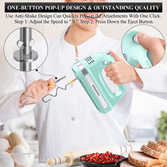 300W Hand Mixer with 5 Speeds + Turbo, 5 Stainless Steel Attachments – Powerful Kitchen Blender for Baking, GREEN