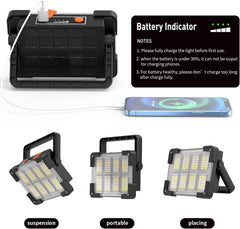 Portable LED work light with solar panel and battery indicator, shown with suspension, portable, and placing features.