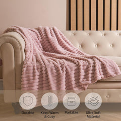 OHS Faux Fur Ribbed Pink Throw – Soft, Warm, Thick Fleece Blanket for Sofa & Bed, 125x150cm
