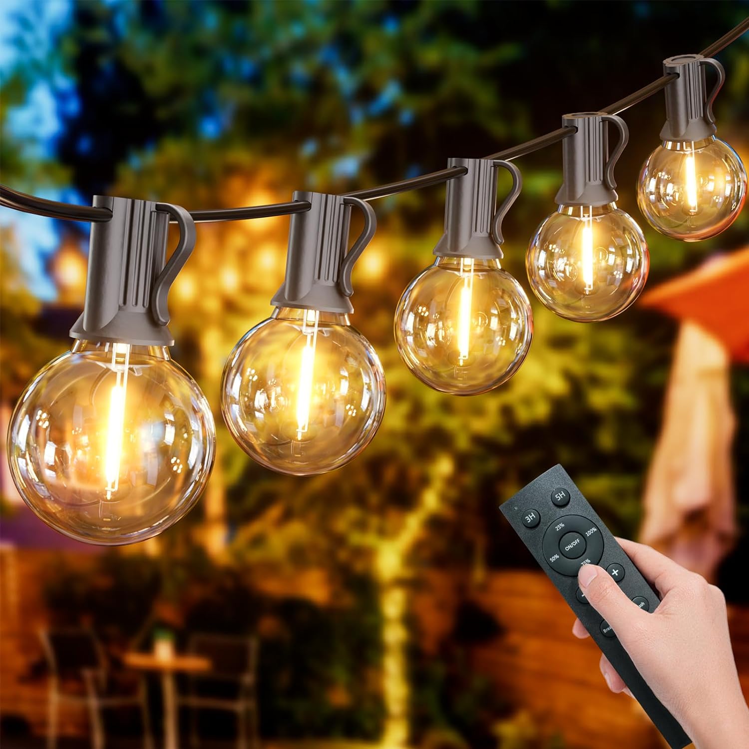 Yuusei LED String Lights with Remote Control - 50Ft/15M Mains Powered Festoon Lights | 25+1 Shatterproof G40 Bulbs, IP45 Waterproof, Warm White for Outdoor Garden, Patio, Party, Wedding, and Cafe