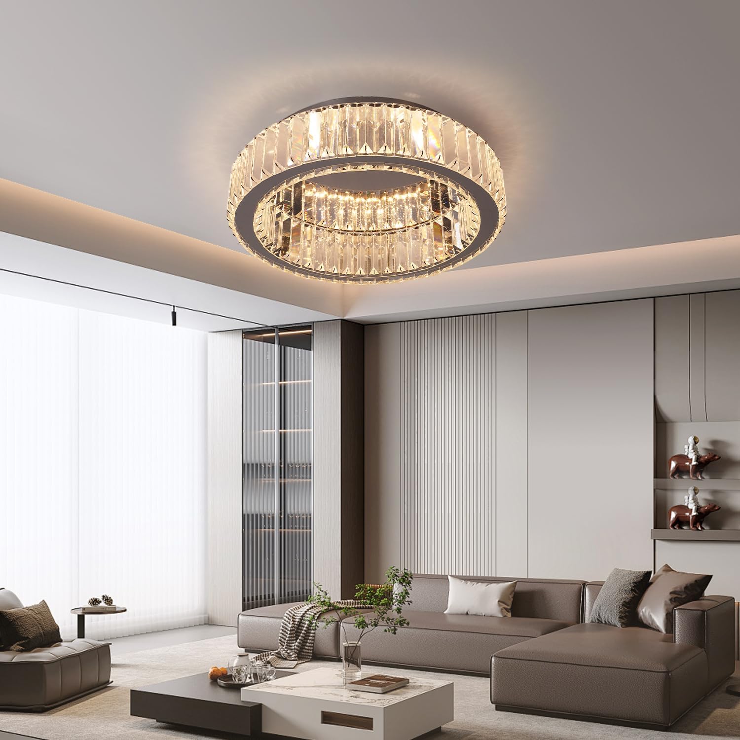 Modern Crystal Ceiling Light LED Chandelier Flush Mount with Remote