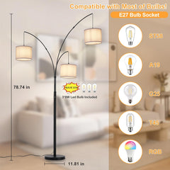 Modern 3-Light Tree Floor Lamp – Black Arc Standing Lamp with Grey Shades – Dimmable Tall Lamp for Living Room & Bedroom