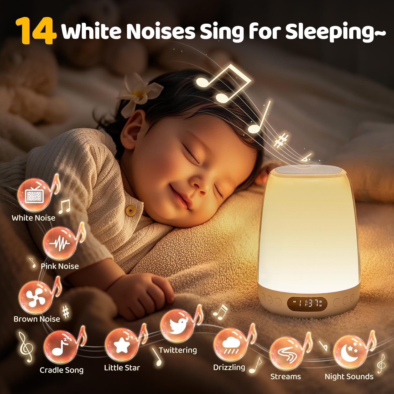 Kids Night Light Baby Lamp, 48 Color Changing, 14 Sleep Sounds Toddler Night Light, Dimmable Touch Lamps for Bedroom, APP Control Rechargeable Lamp with 3000mAh Battery
