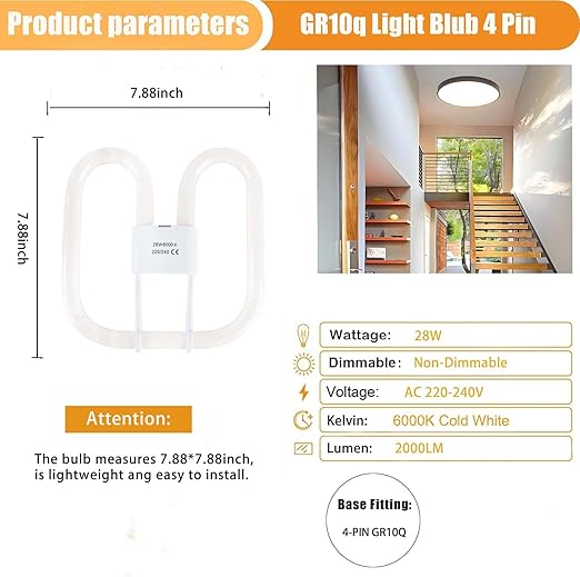 28W Compact Fluorescent Lamp GR10q 4-Pin Bulb, CFL Light Bulb 6000K Cold White Non-Dimmable, AC 220V, Low Energy Light Bulb for Flush Ceiling Light, 1 Pack. [Energy Class F]