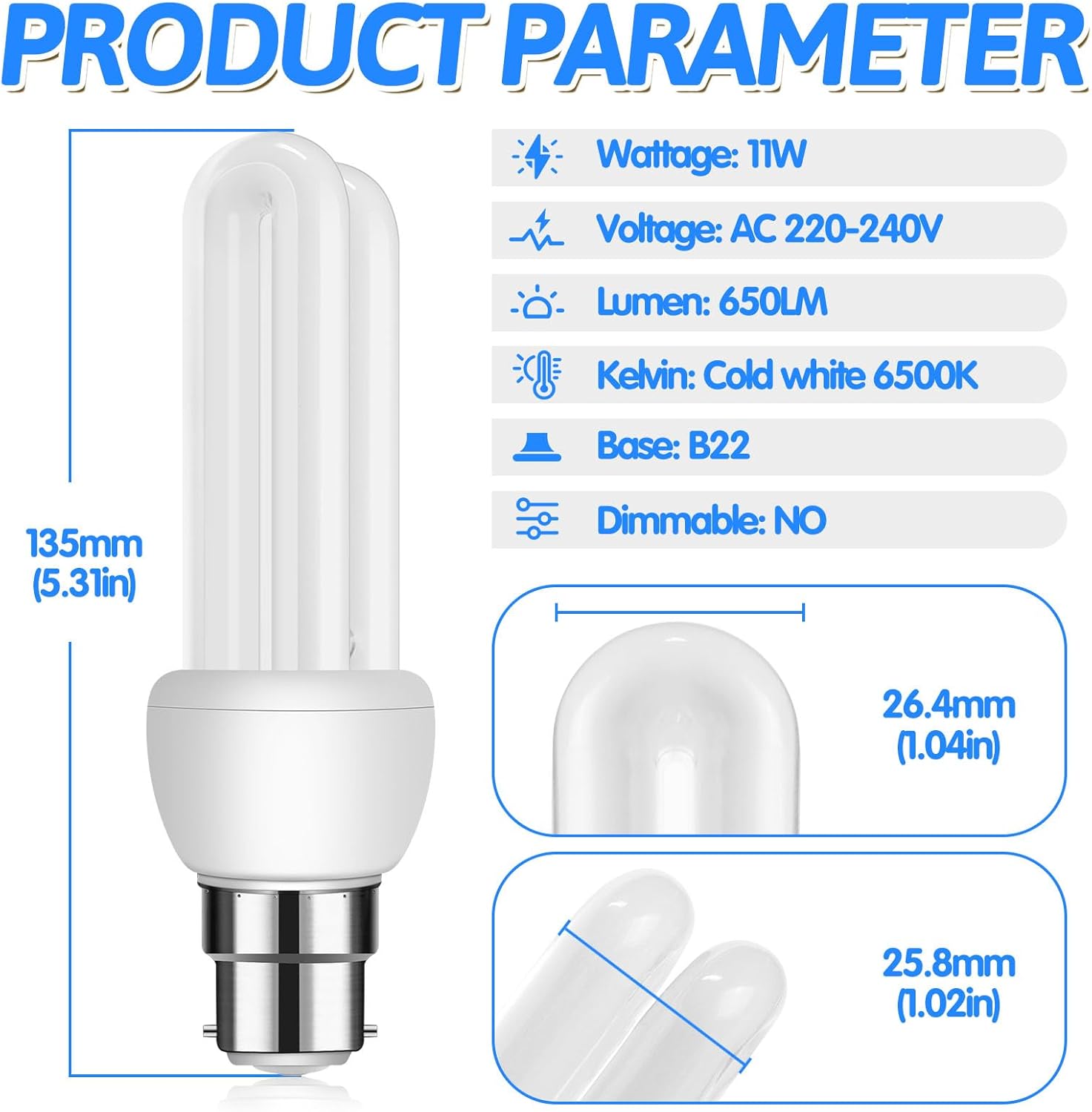 B22 11W CFL Energy Saving Bulb 3-Pack – Cool White 6500K