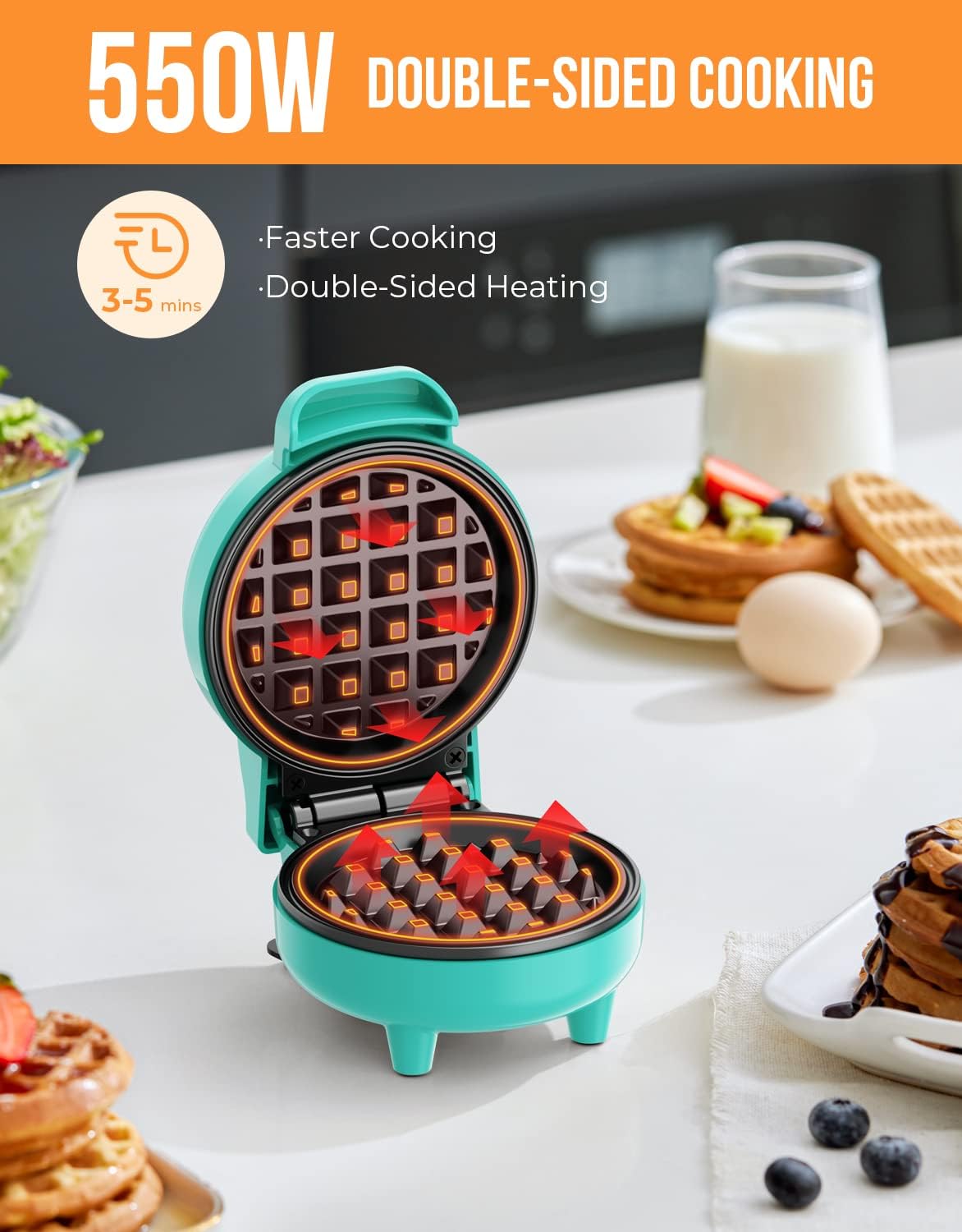 Blazant Mini Waffle Maker – 4 Inch Nonstick Compact Waffle Iron, 550W, Portable Breakfast Chaffle & Snack Maker, Blue