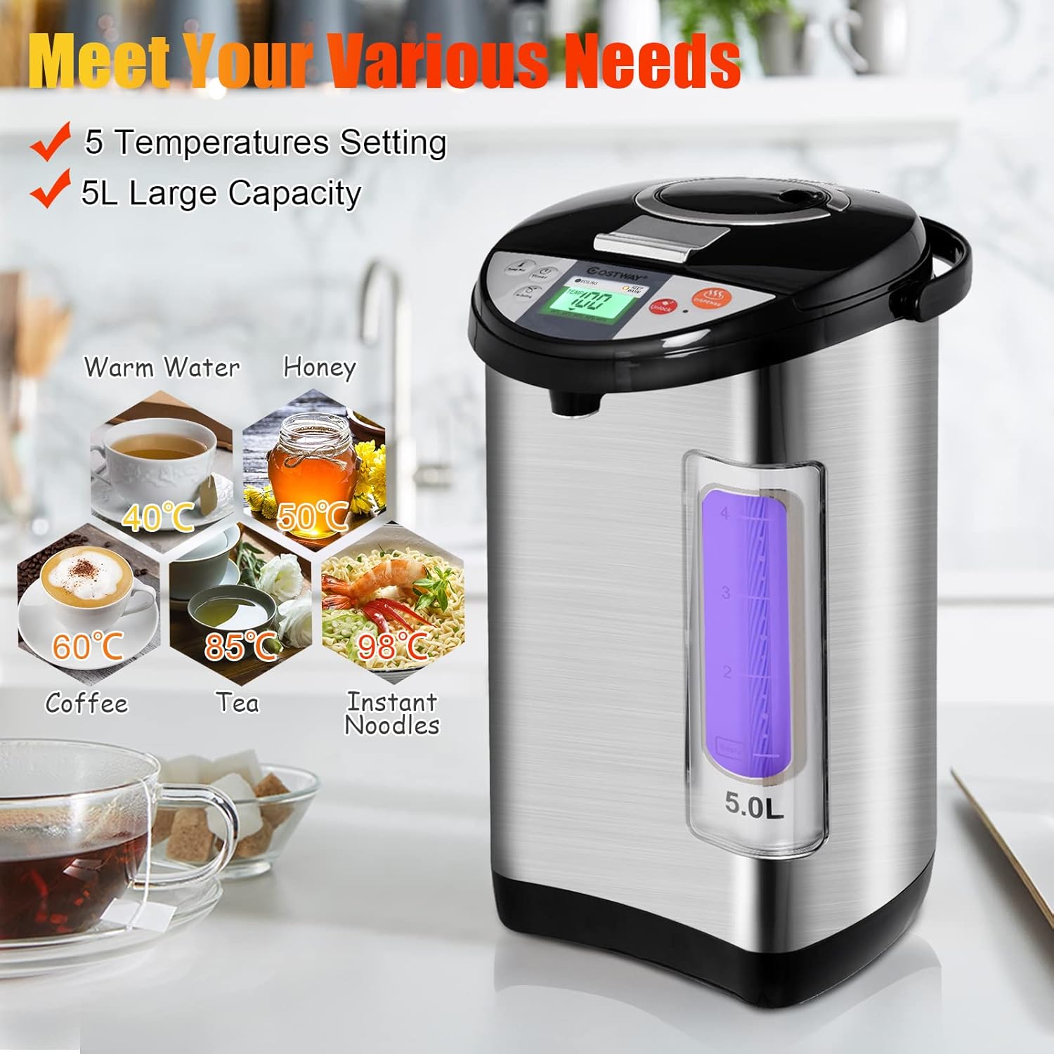 COSTWAY 5L Instant Hot Water Dispenser – 5 Temperature Settings, 3 Dispensing Methods, Rotating Base, Timer & Auto Shut-Off