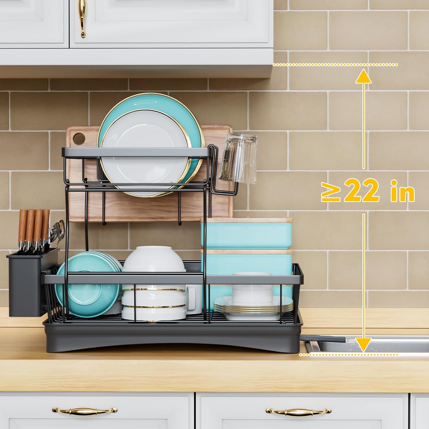 7 Code 2-Tier Large Dish Drying Rack – Black Detachable Drainer with Utensil Holder