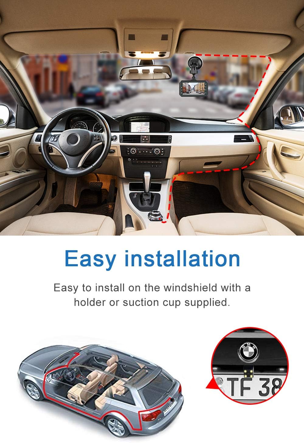 Dual Dash Cam for Cars Front & Rear 1080P, 170° Wide, 3" LCD, Night Vision