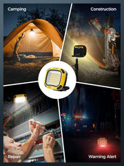 Collage of a work light in various settings including camping, construction, repair, and warning alert.