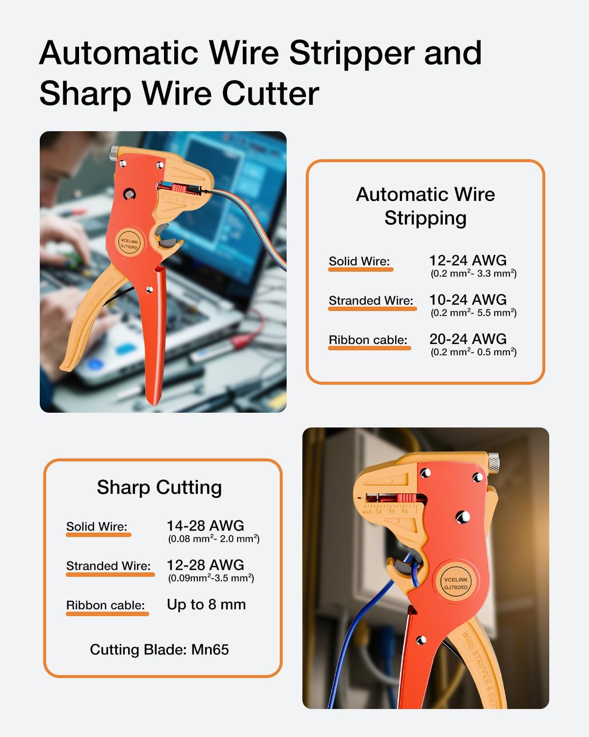 Automatic Wire Stripper Cutter 14–24 AWG